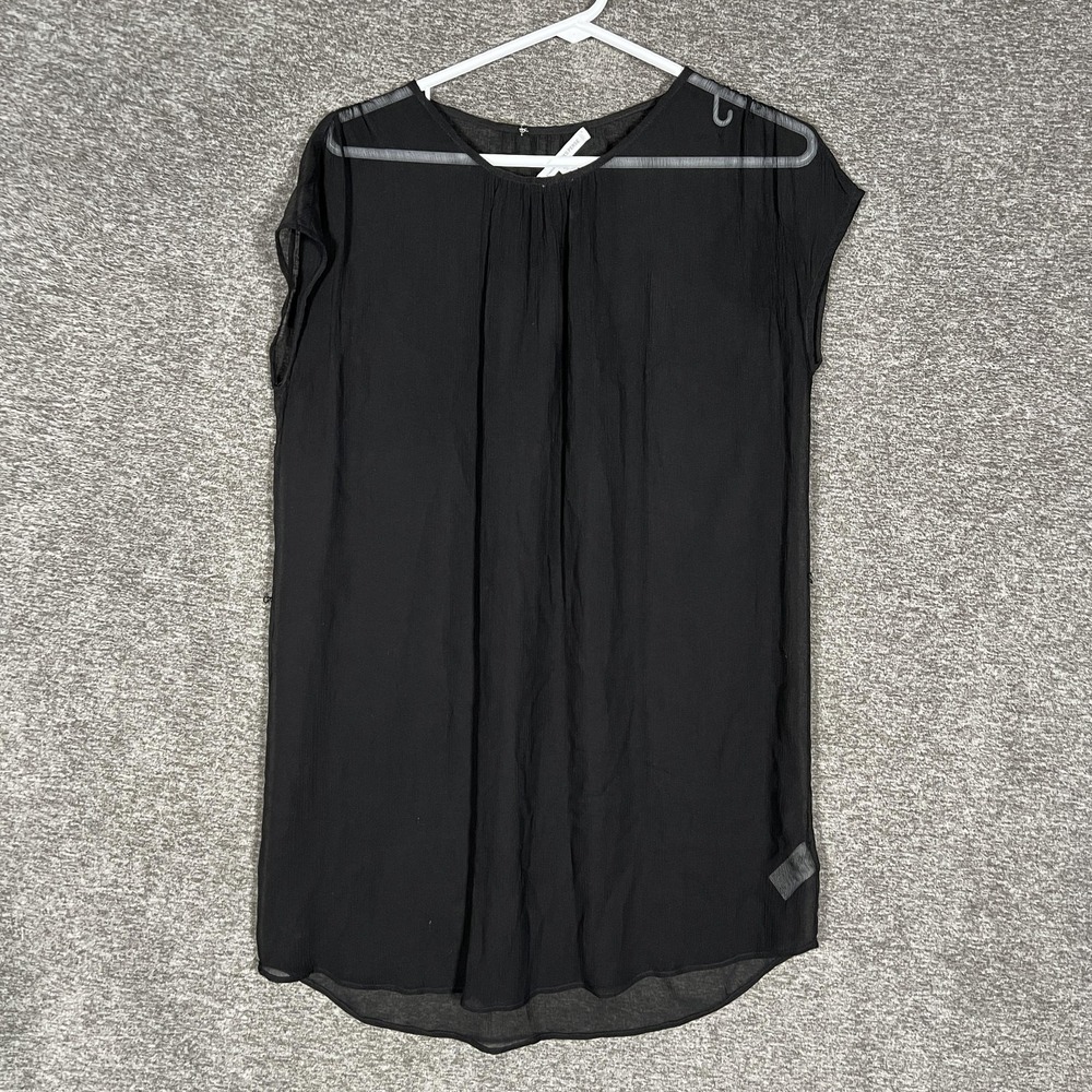James Perse Blouse Womens 0‎ Black Silk Chiffon Sheer Shift Cap Sleeve Short